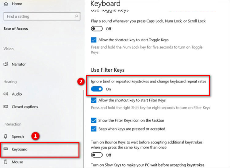 Bật On tại dòng Ignore brief or repeated keystrokes and change keyboard repeat rates