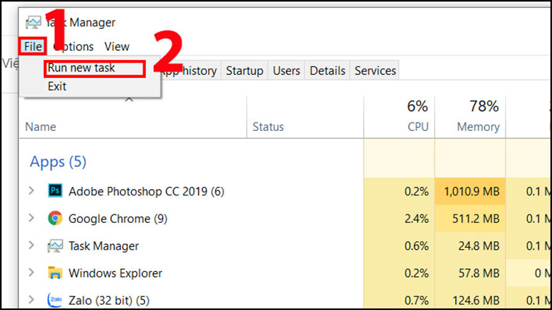  Cửa sổ “Task Manager” hiện ra, bạn hãy nhấn vào "File" > Chọn "Run new task" để chạy hộp thoại Run