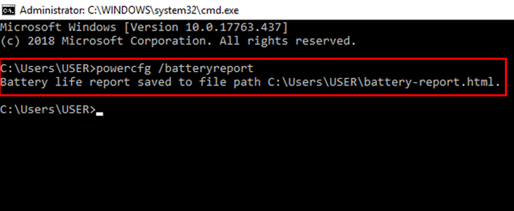Trong giao diện Command Prompt, nhập tiếp lệnh powercfg /batteryreport