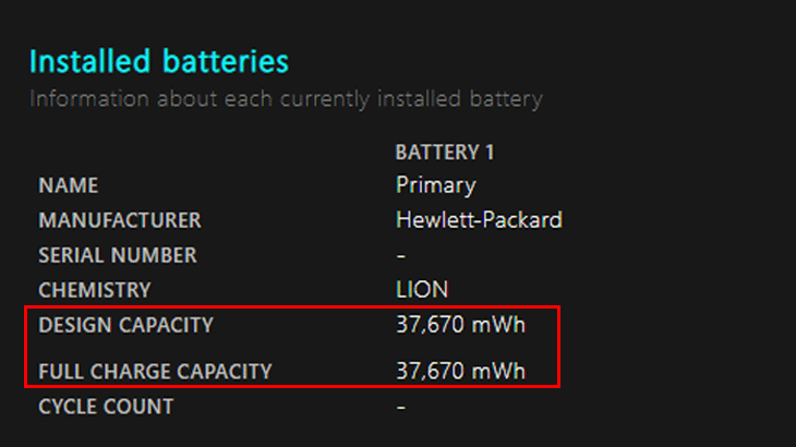 Trong trang Battery report hiện ra, tìm đến danh mục Installed batteries