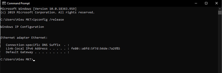 ử dụng lệnh "ipconfig /release" > sau đó nhấn "Enter" để thực hiện