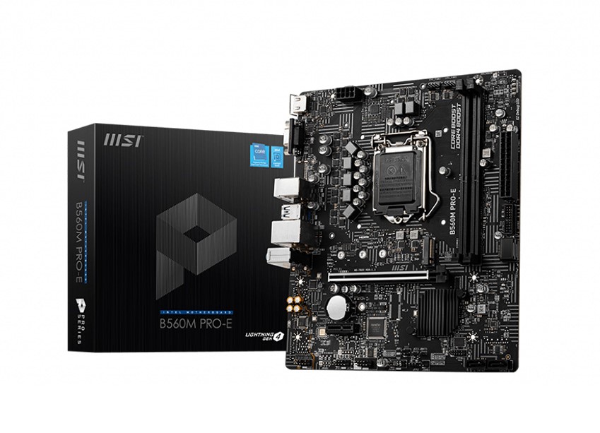 Mainboard MSI B560M-PRO-E sở hữu thiết kế đơn giản với tông màu đen chủ đạo, phù hợp cho các bộ máy chơi game giá rẻ hoặc làm việc