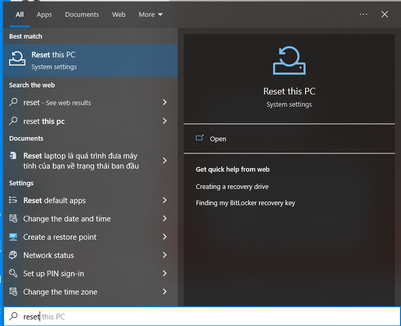 Chọn vào Reset PC để tiến hành reset lại máy tính