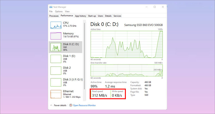 Test tốc độ ổ cứng bằng Task Manager 