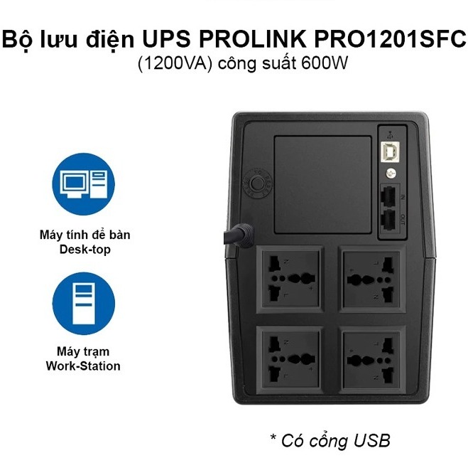 UPS Prolink 1200VA/600w nổi bật với thiết kế nhỏ gọn, công suất lên đến 1200VA