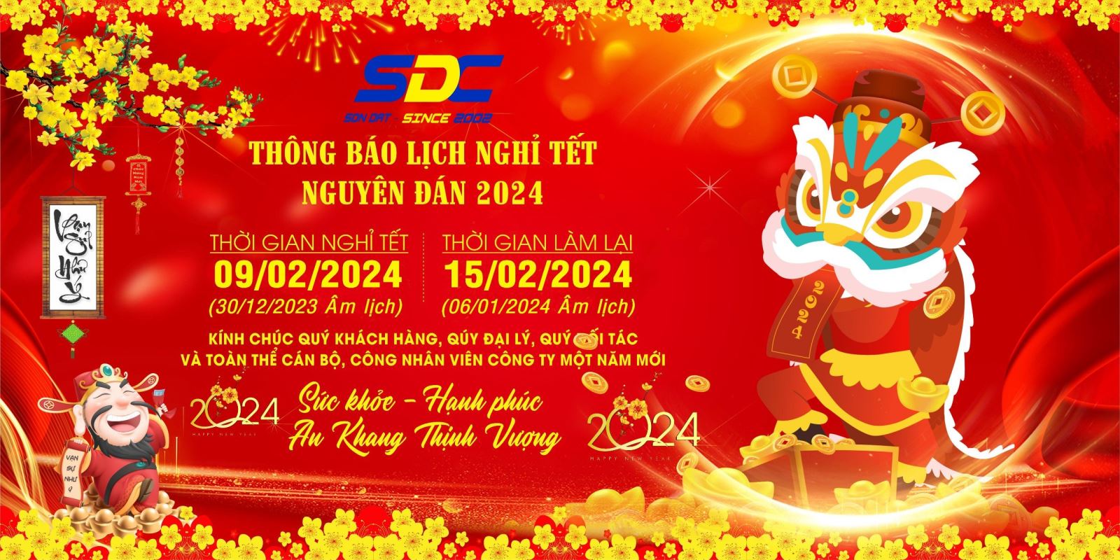 Sơn Đạt.,JSC thông báo lịch nghỉ tết Giáp Thìn 2024