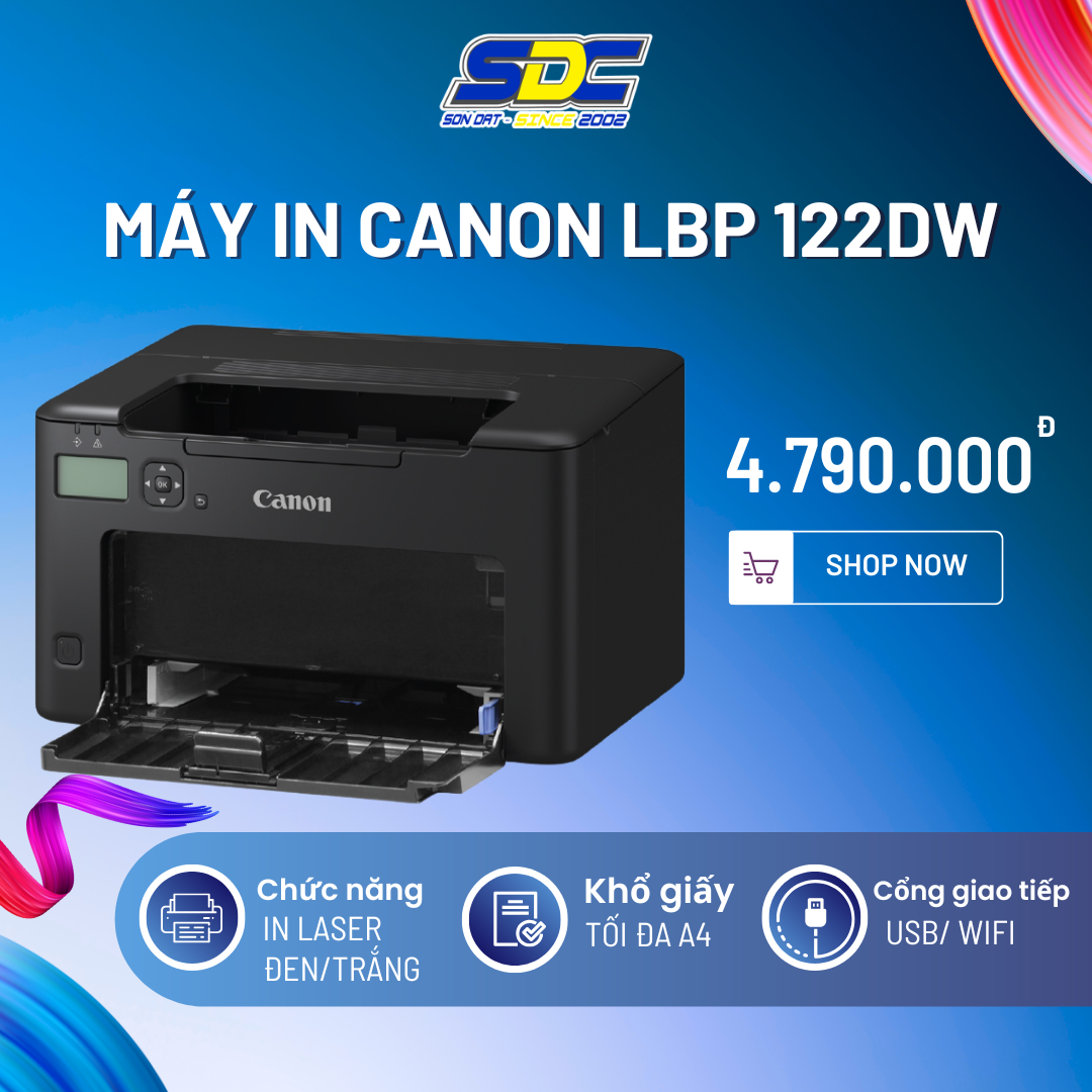  Máy in Canon LBP 122DW chính hãng, với kích thước nhỏ gọn 356x283x213mm và trọng lượng 6.0kg
