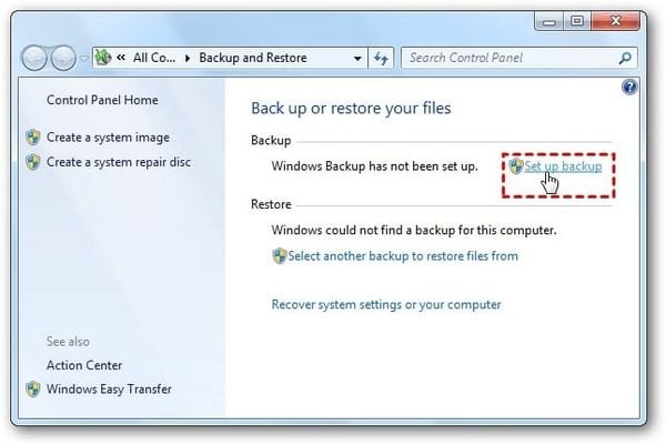 Trong cửa sổ Backup and Restore, chọn Set up backup.