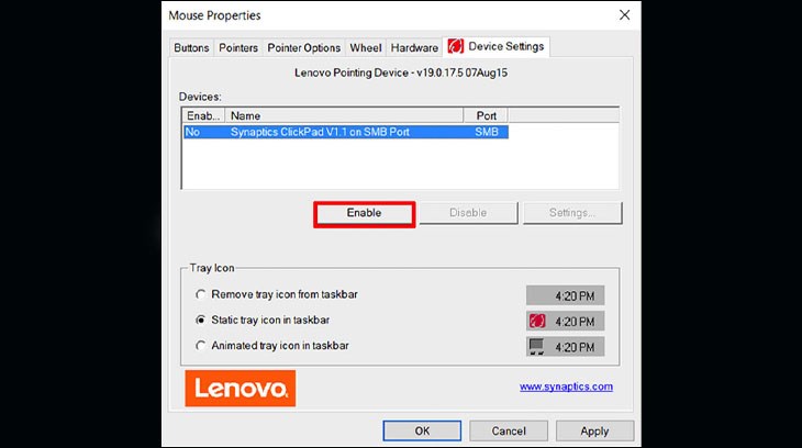 Chuyển sang thẻ Device Settings, chọn Enable cho touchpad, chọn tiếp nút Ok