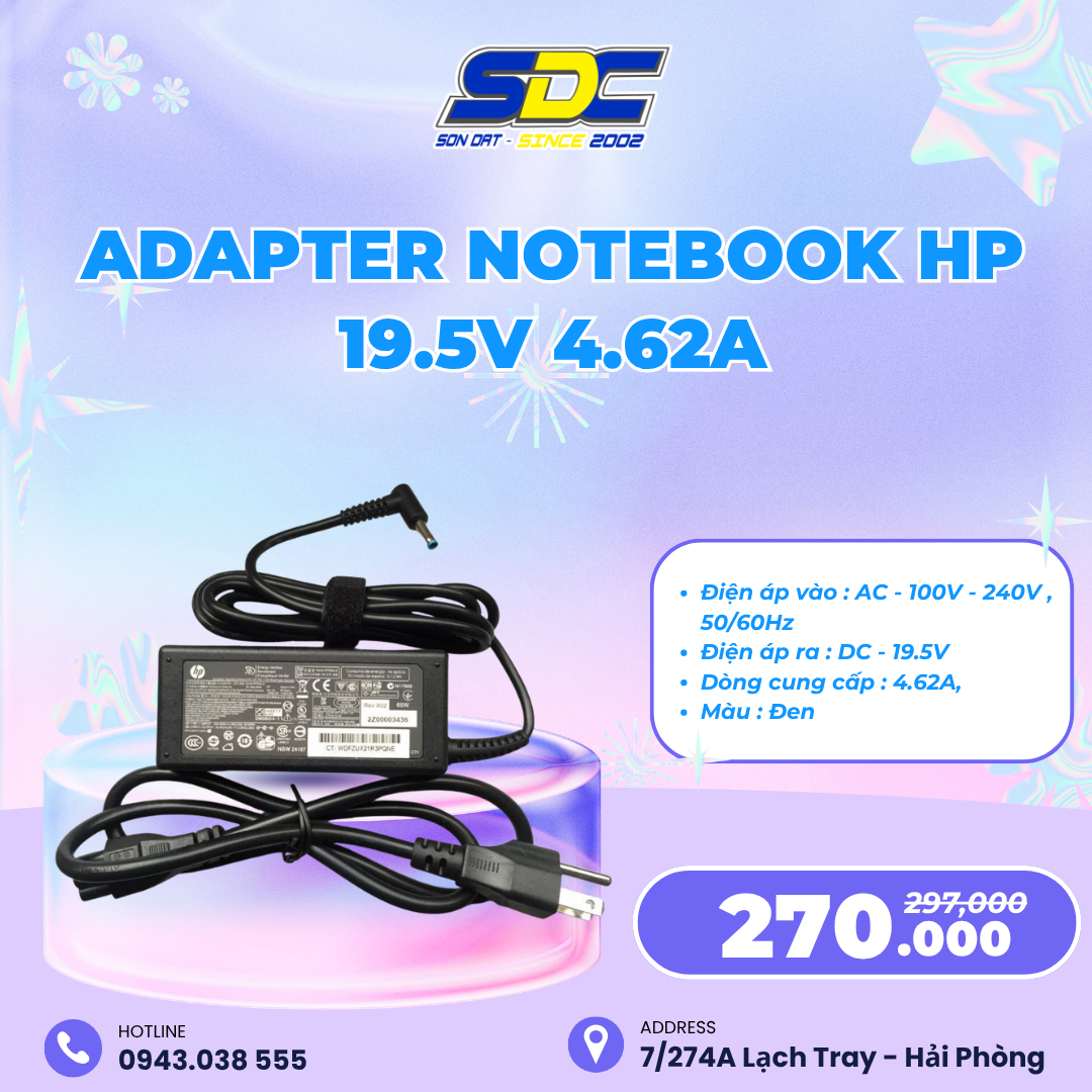 Adapter Notebook HP 19.5V 4.62A chân kim nhỏ