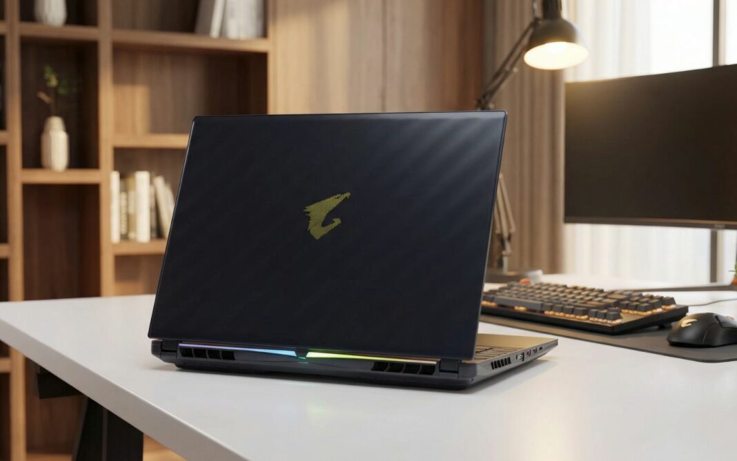 Mặt lưng của laptop Gigabyte Aorus Master 16 BYH-C5VNE64S được làm từ tấm nhựa phẳng