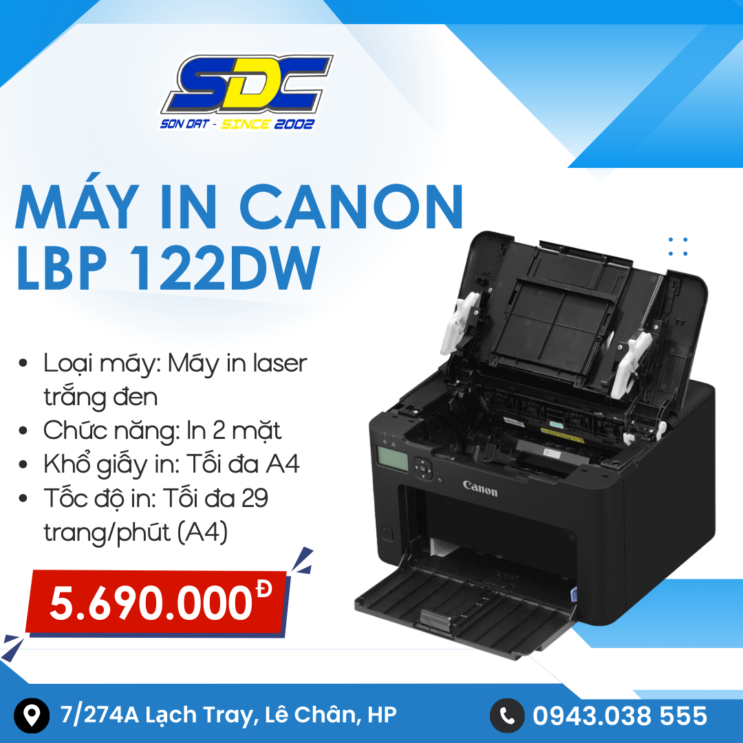  Máy in Canon LBP 122DW chính hãng, với kích thước nhỏ gọn 356x283x213mm và trọng lượng 6.0kg hoàn toàn phù hợp với mọi không gian