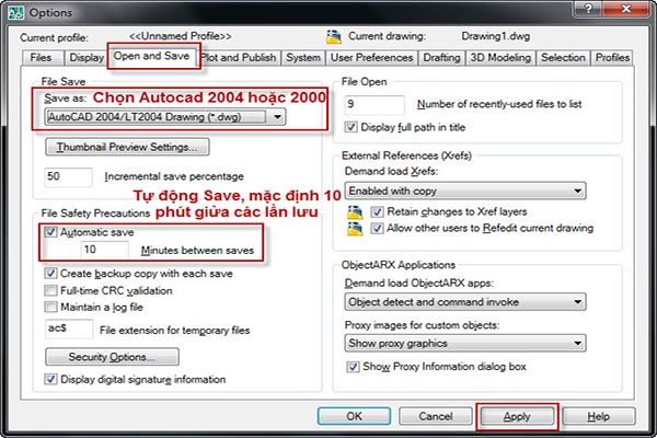 Cài đặt Autosave trong Cad