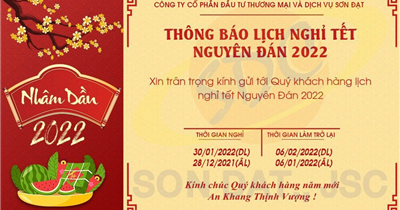 Sơn Đạt.,JSC thông báo lịch nghỉ Tết Nhâm Dần 2022